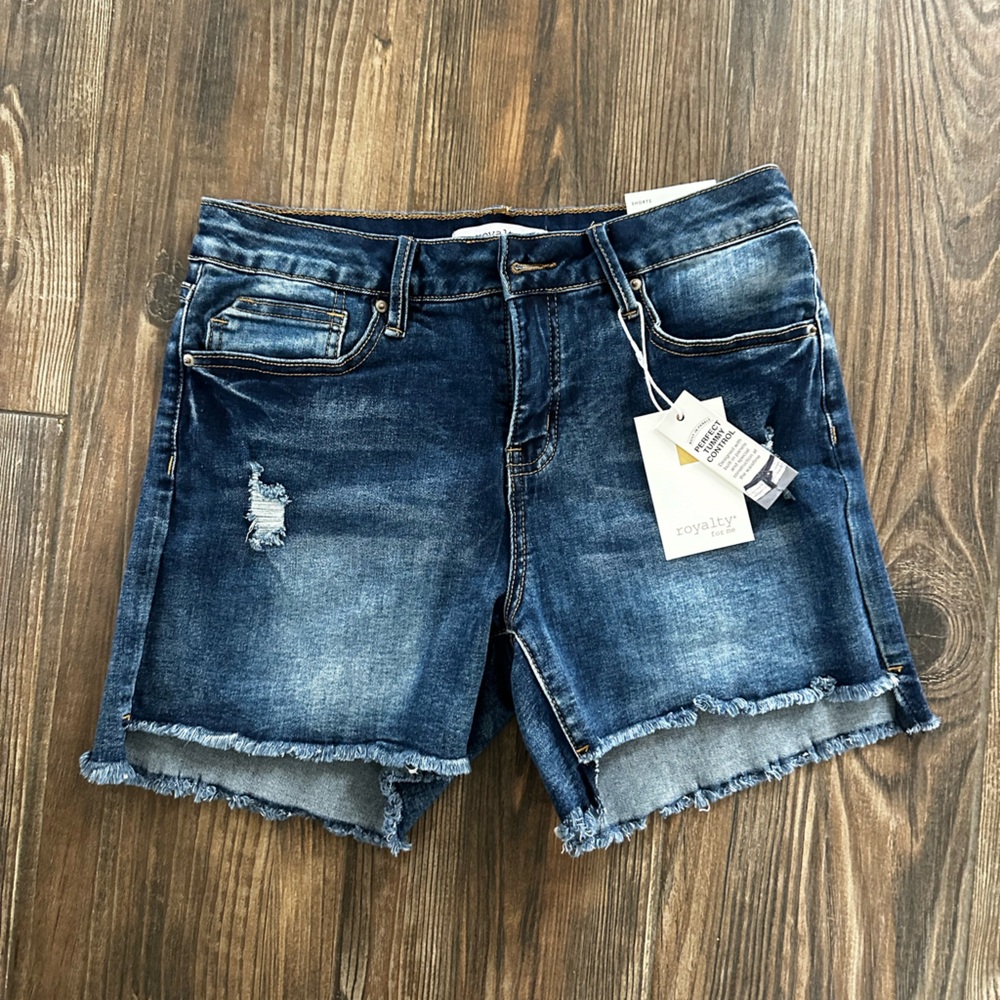 Royalty For Me Dark Blue Distressed Denim Blue Jean Shorts - Picture 2 of 16
